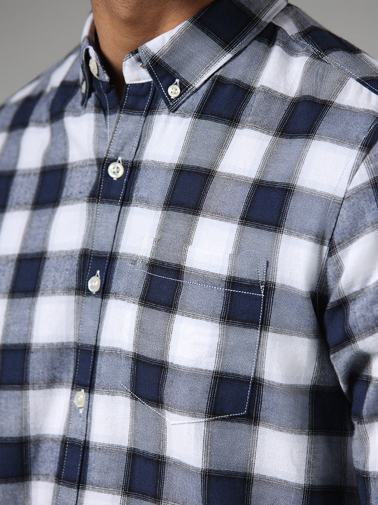 WES Casuals Blue Checked Slim-Fit Shirt