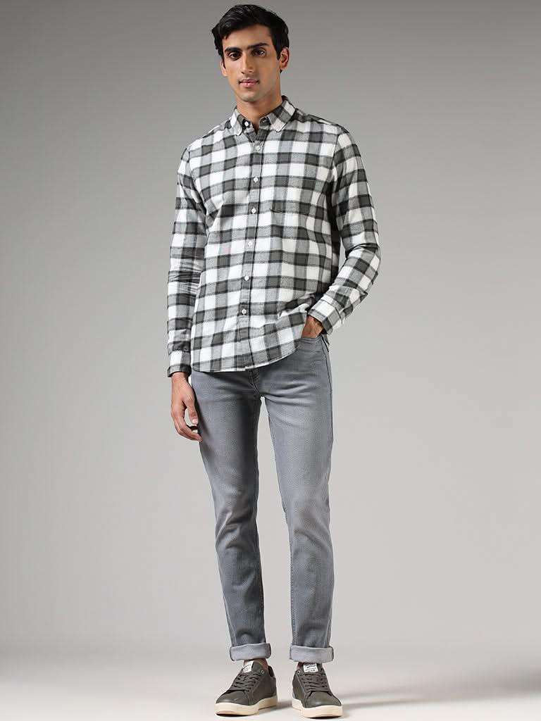 WES Casuals Olive Gingham Checked Cotton Slim-Fit Shirt