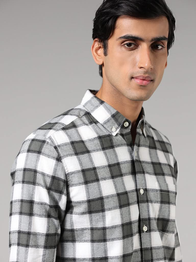 WES Casuals Olive Gingham Checked Cotton Slim-Fit Shirt