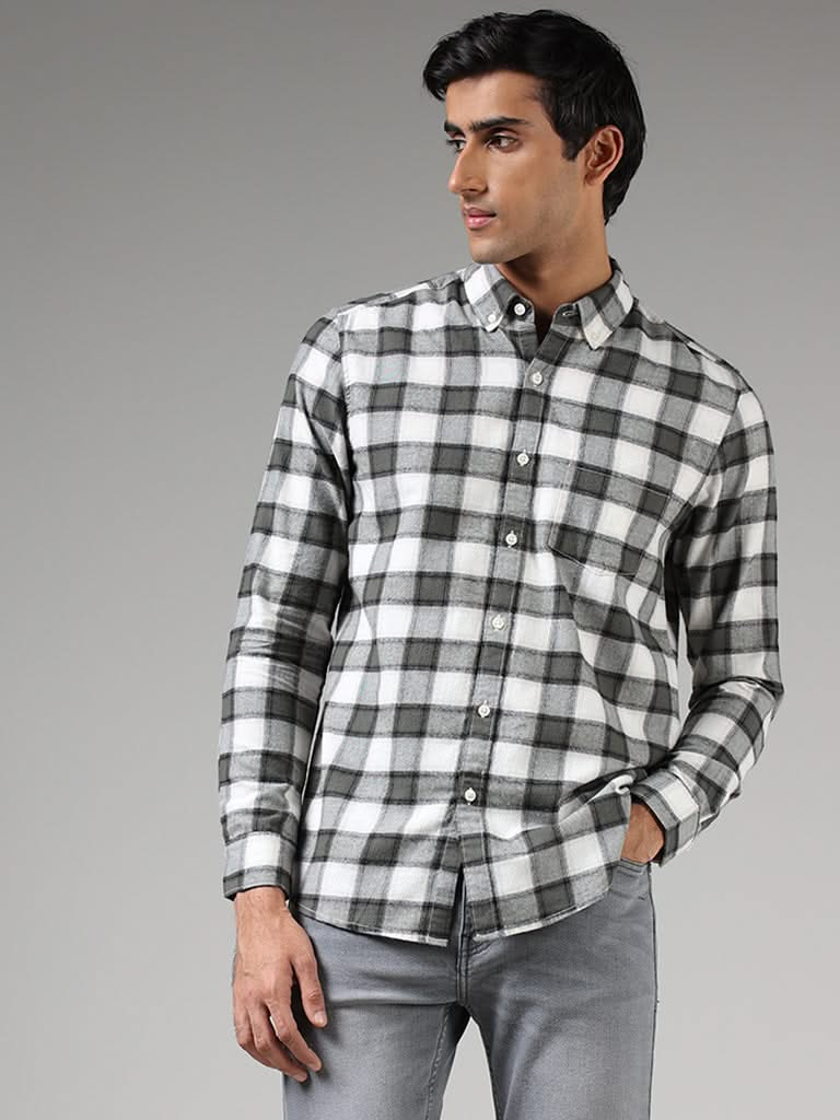 WES Casuals Olive Gingham Checked Cotton Slim-Fit Shirt