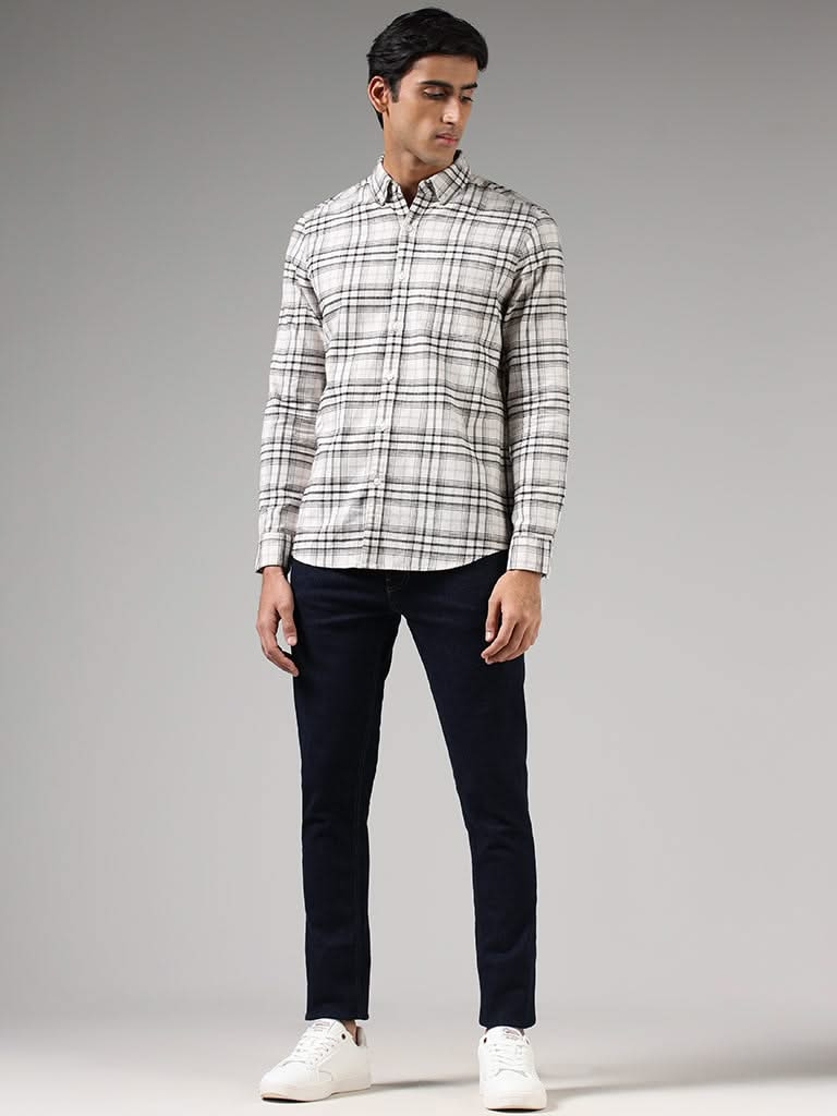 WES Casuals Off White Checked Slim-Fit Shirt