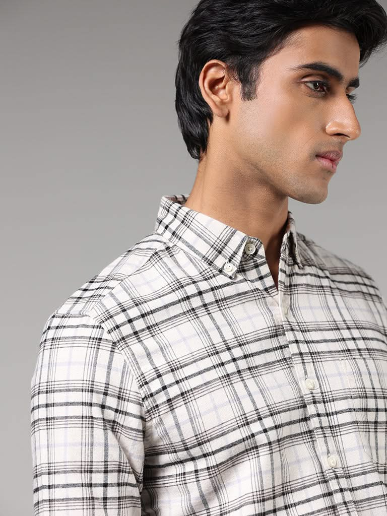 WES Casuals Off White Checked Slim-Fit Shirt