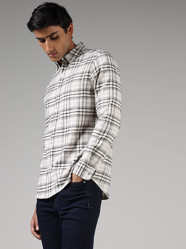 WES Casuals Off White Checked Slim-Fit Shirt