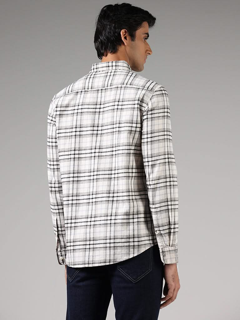 WES Casuals Off White Checked Slim-Fit Shirt