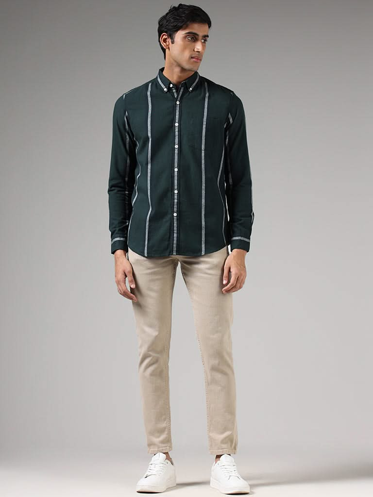 WES Casuals Emerald Green Striped Slim-Fit Shirt