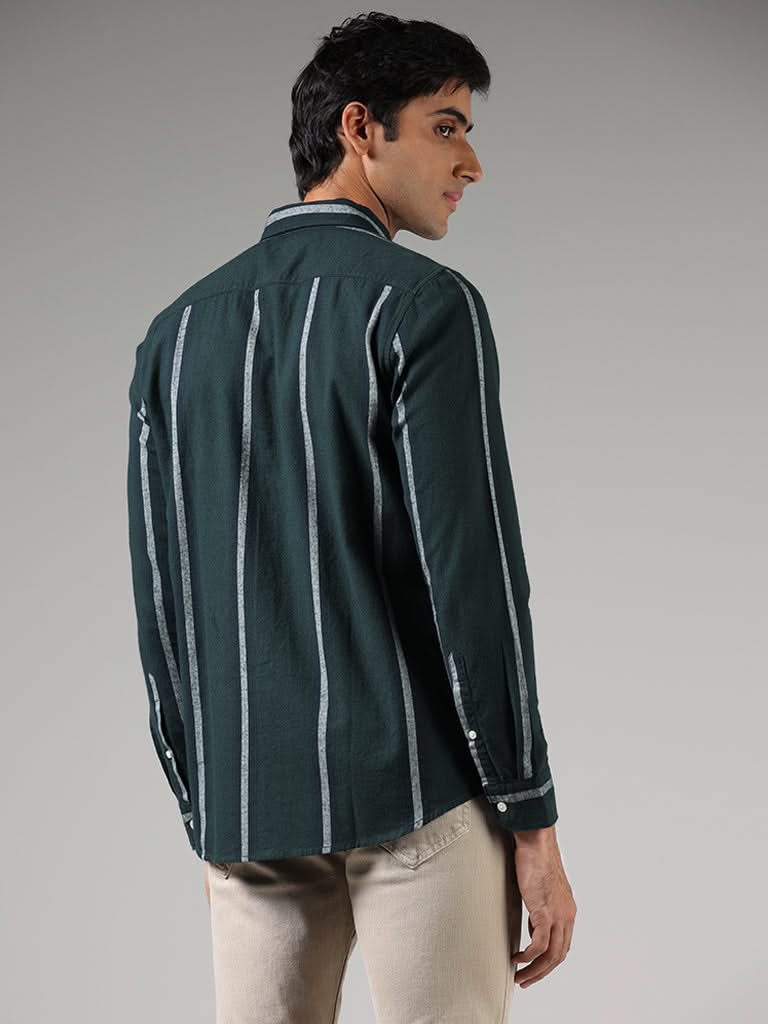 WES Casuals Emerald Green Striped Slim-Fit Shirt