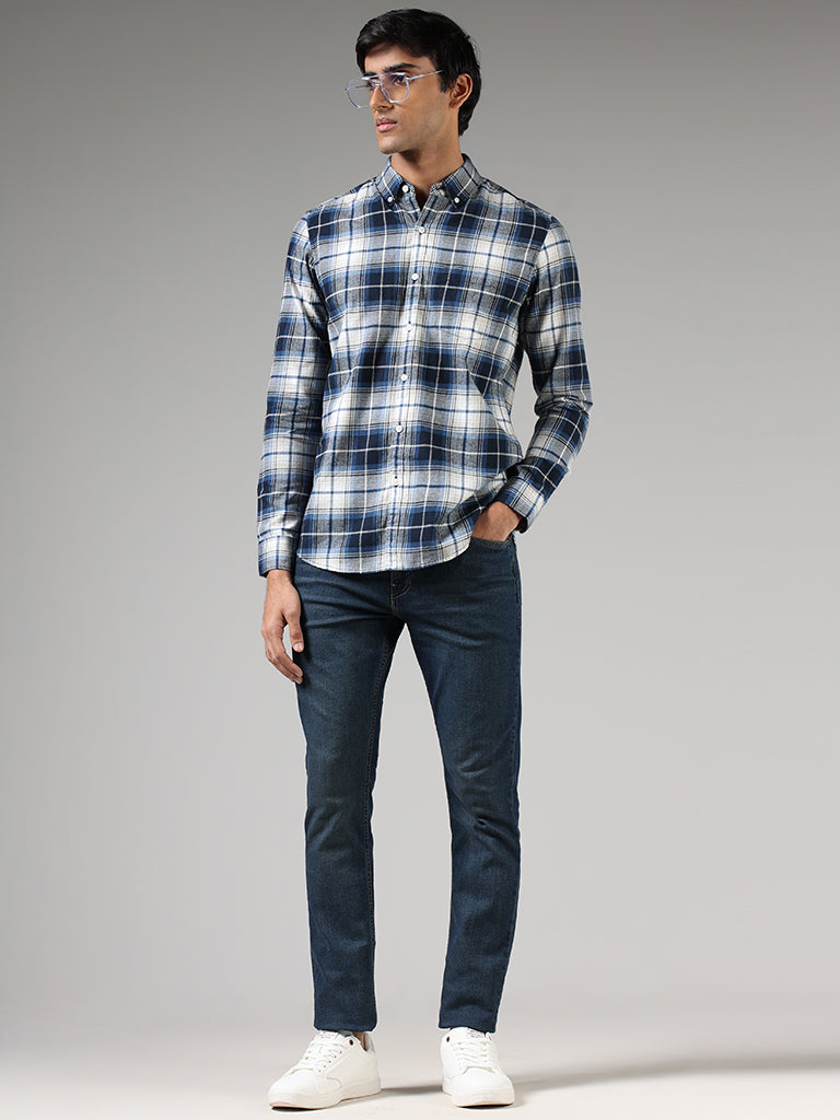 WES Casuals Blue Lindsay Checked Cotton Slim-Fit Shirt