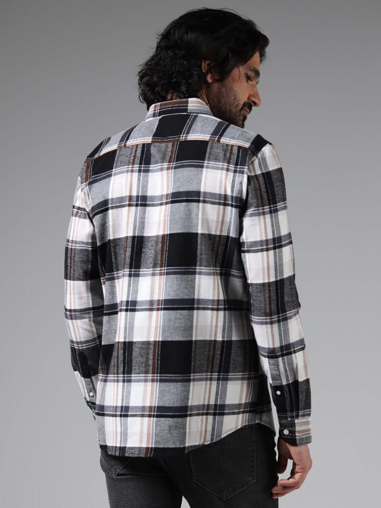 WES Casuals Grey Checked Cotton Slim-Fit Shirt