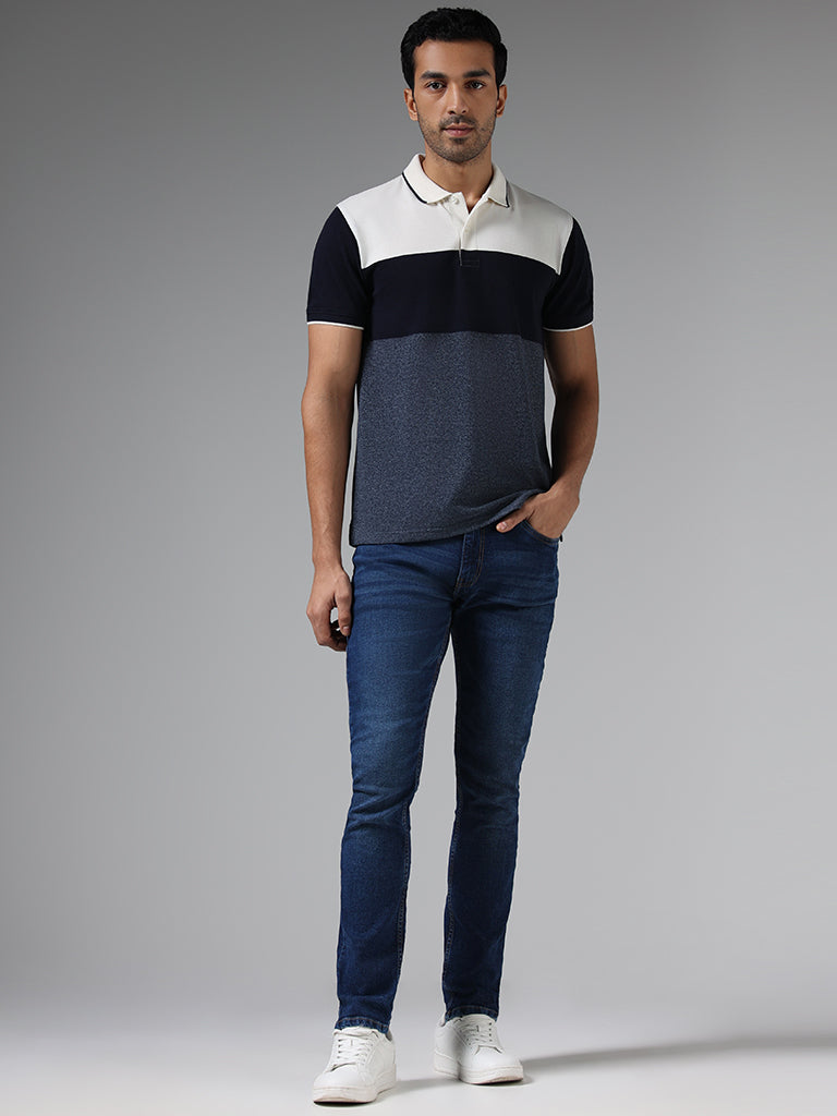 WES Casuals Navy Colorblock Slim-Fit Polo T-Shirt