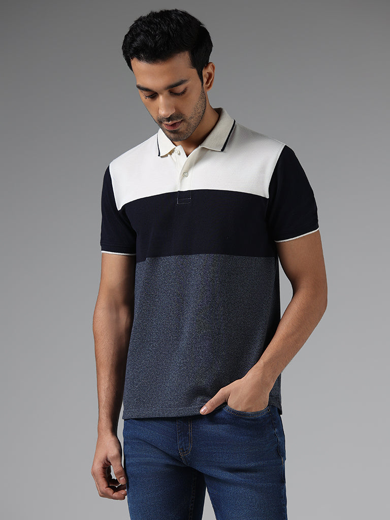 WES Casuals Navy Colorblock Slim-Fit Polo T-Shirt