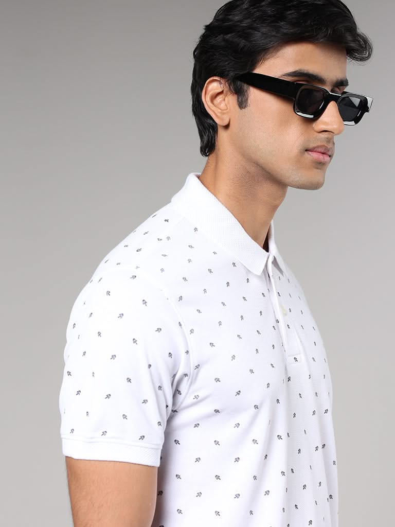 WES Casuals White Leaf Printed Slim-Fit Polo T-Shirt