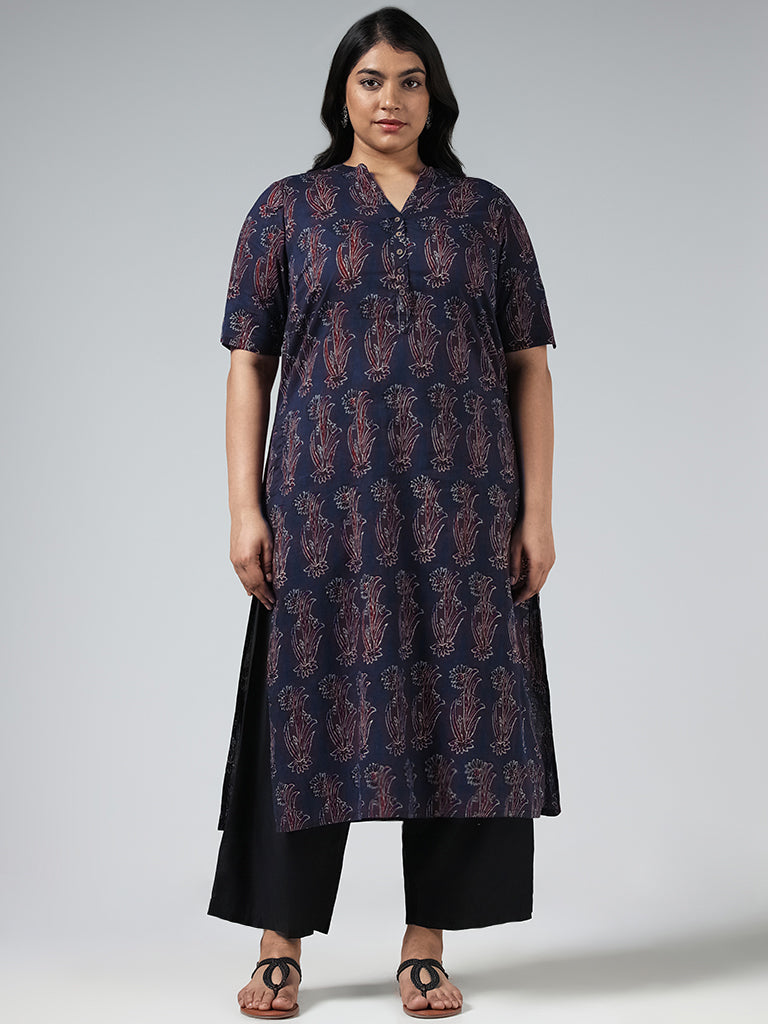 Diza Indigo Floral Printed Cotton Kurta