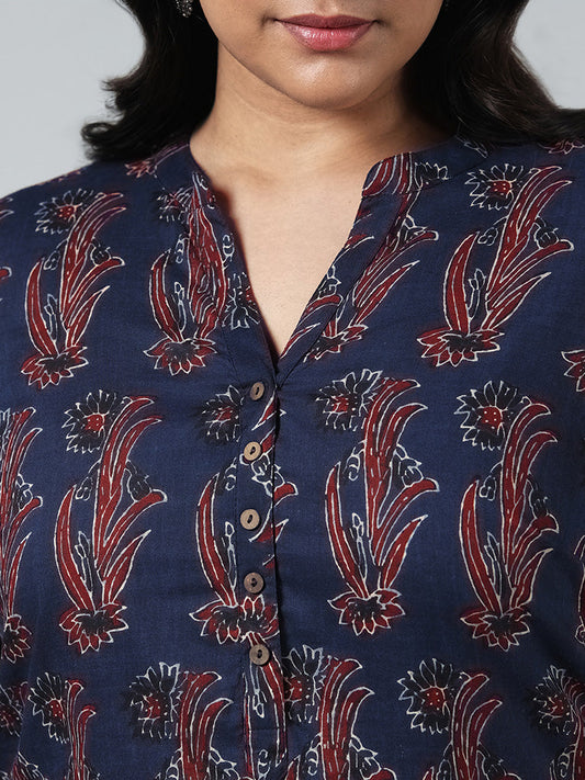 Diza Indigo Floral Printed Cotton Kurta