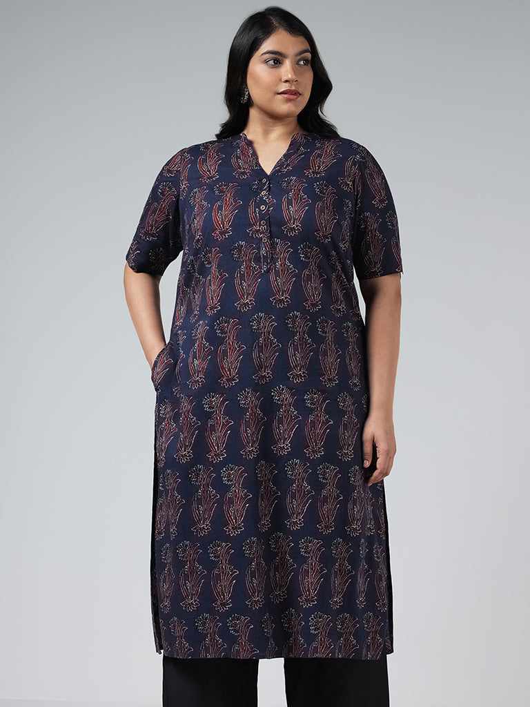 Diza Indigo Floral Printed Cotton Kurta