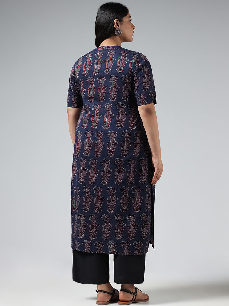 Diza Indigo Floral Printed Cotton Kurta