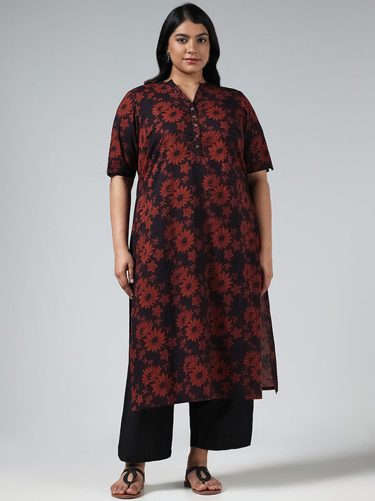 Diza Navy Floral Printed Cotton Kurta