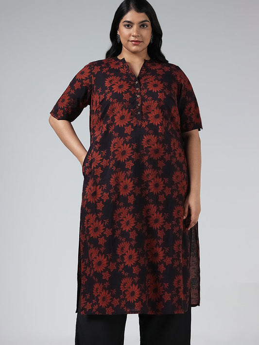 Diza Navy Floral Printed Cotton Kurta