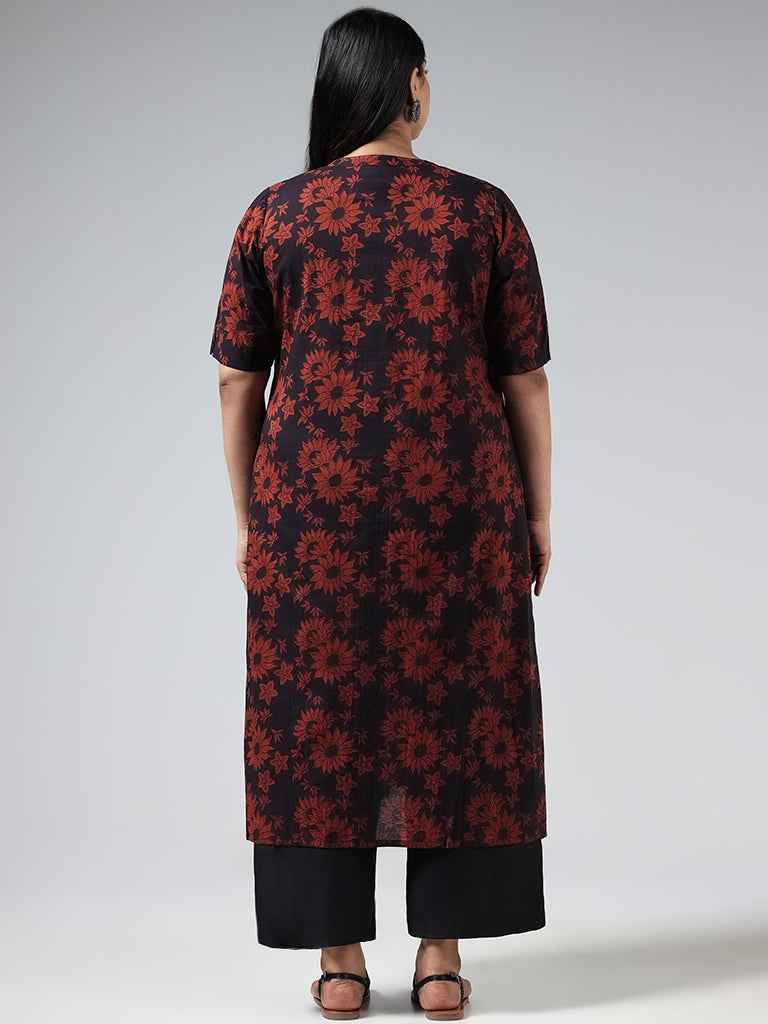 Diza Navy Floral Printed Cotton Kurta