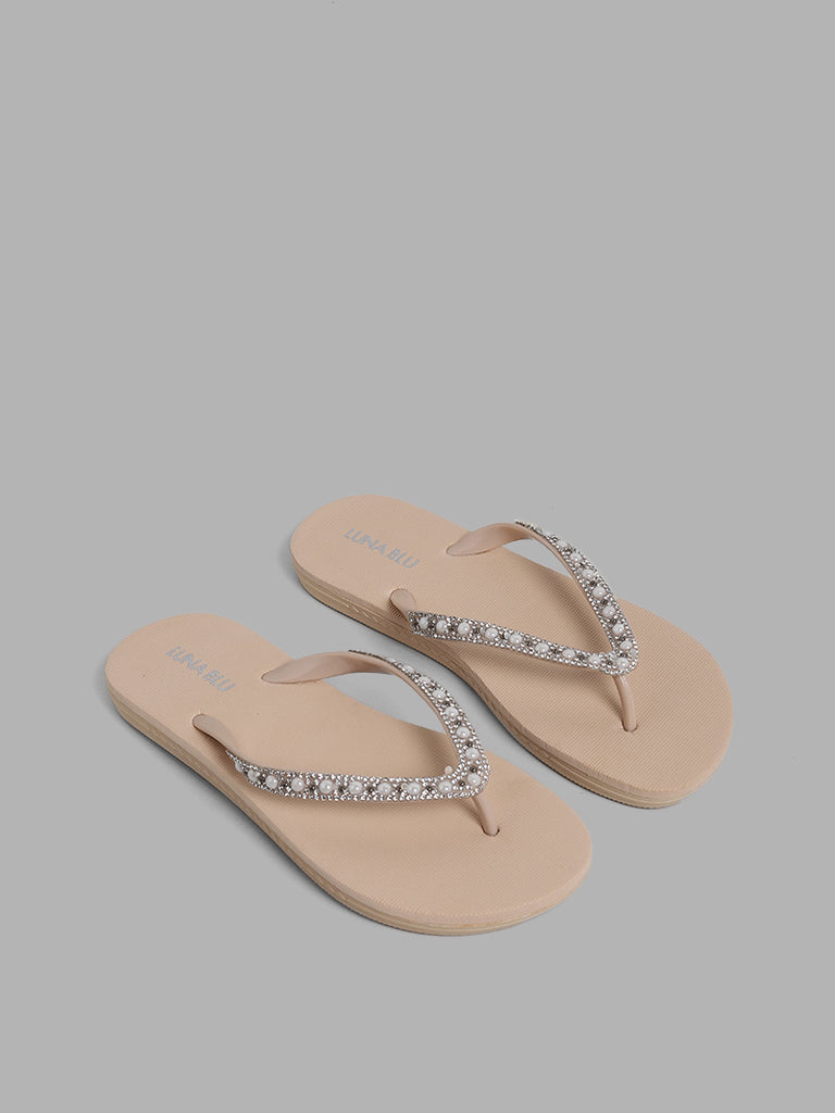 LUNA BLU Beige Pearl Accent Flip Flop