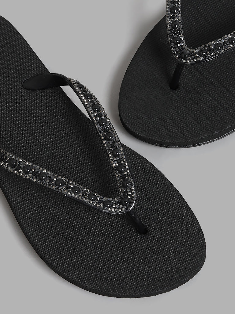 LUNA BLU Pearl Diamante Embellished Black Flip Flop