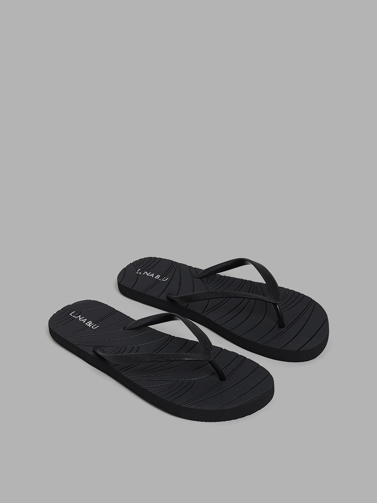 LUNA BLU Black Embossed Footbed Shimmer Strap Flip Flop