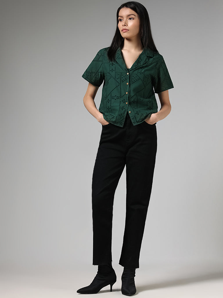 LOV Forest Green Schiffli Cotton Shirt