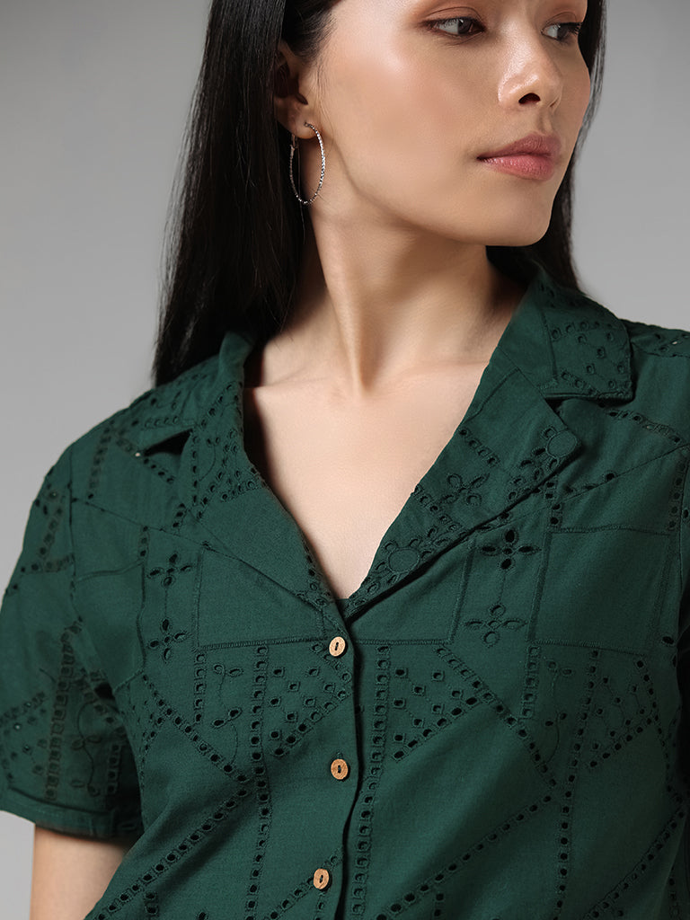 LOV Forest Green Schiffli Cotton Shirt