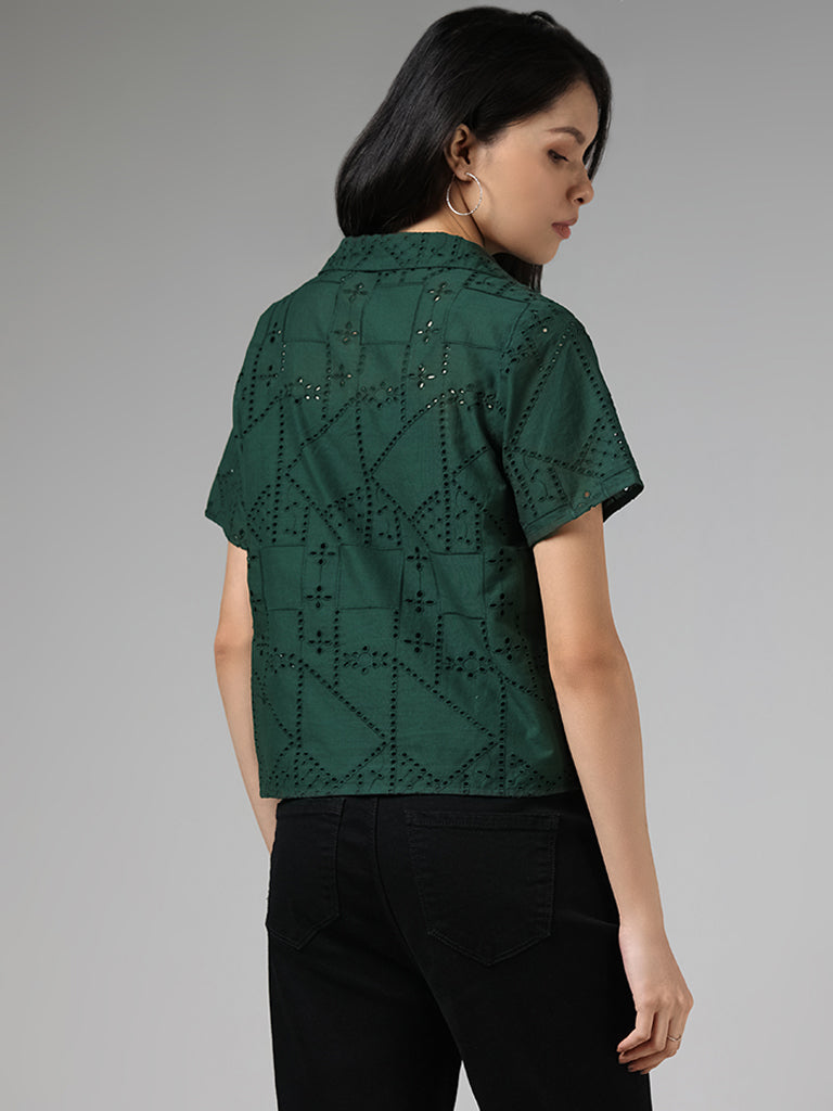 LOV Forest Green Schiffli Cotton Shirt