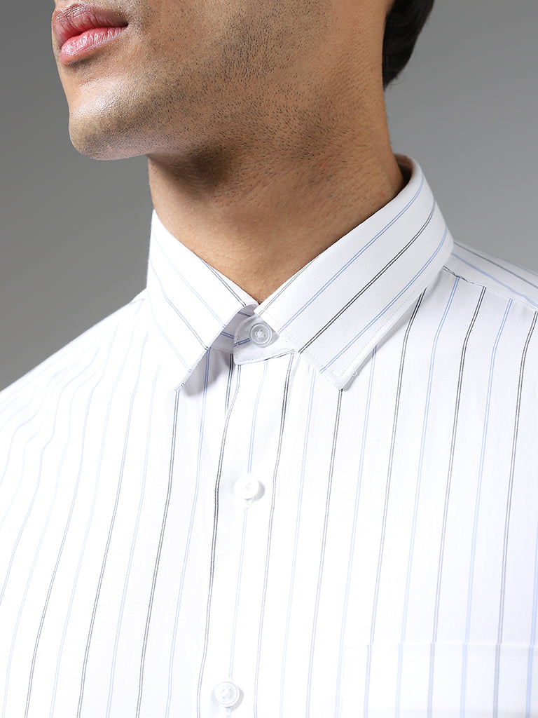 WES Formals White Striped Slim-Fit Shirt