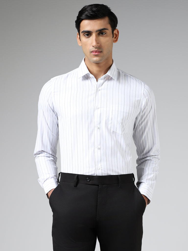 WES Formals White Striped Slim-Fit Shirt