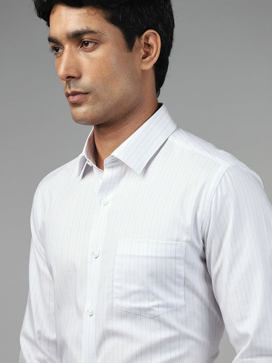 WES Formals Striped White Cotton Slim-Fit Shirt