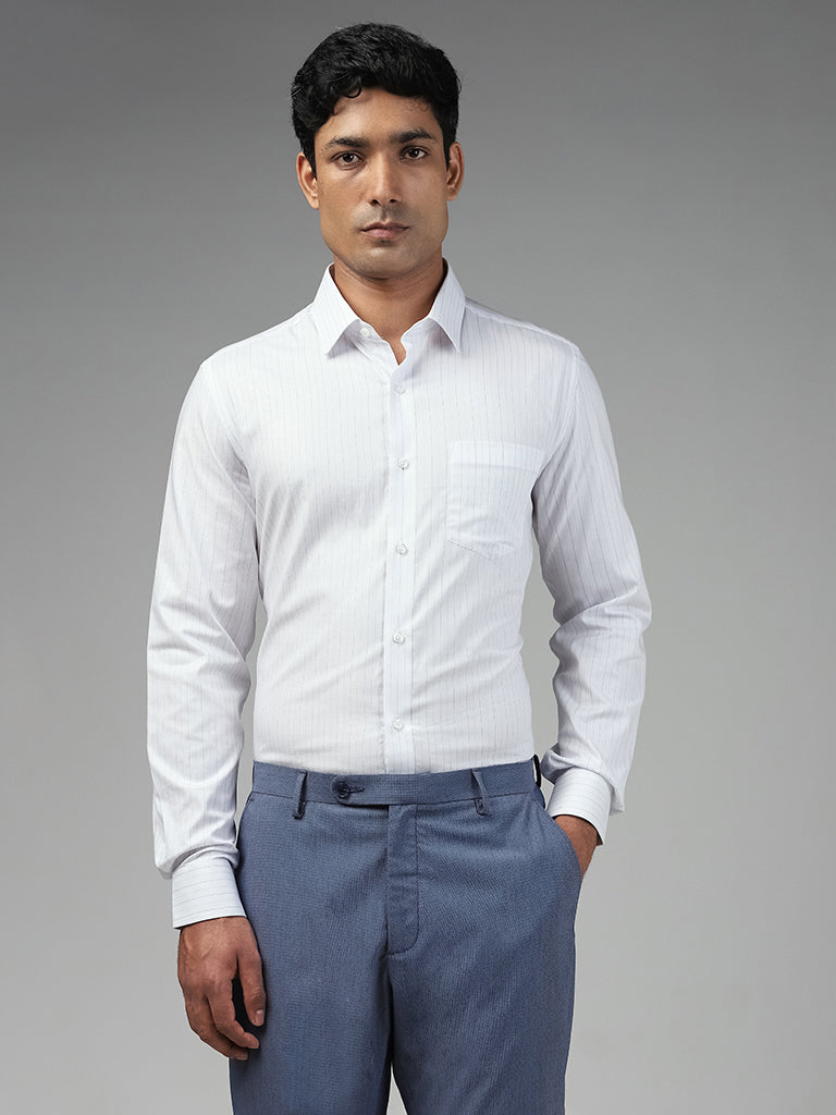 WES Formals Striped White Cotton Slim-Fit Shirt