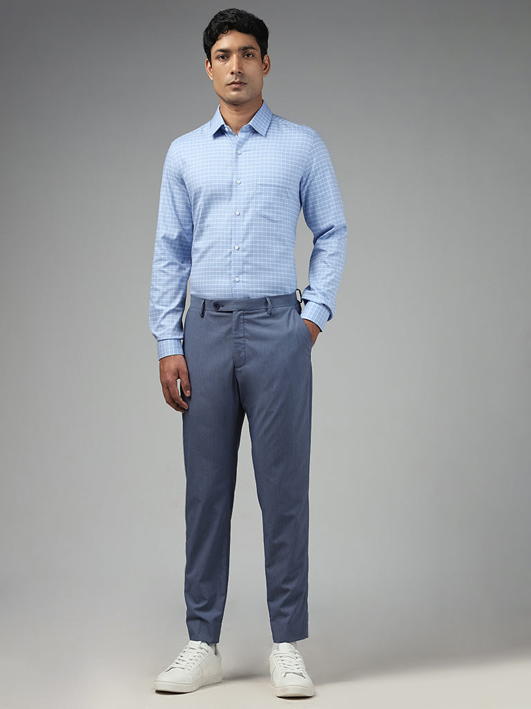 WES Formals Checked Blue Cotton Slim-Fit Shirt