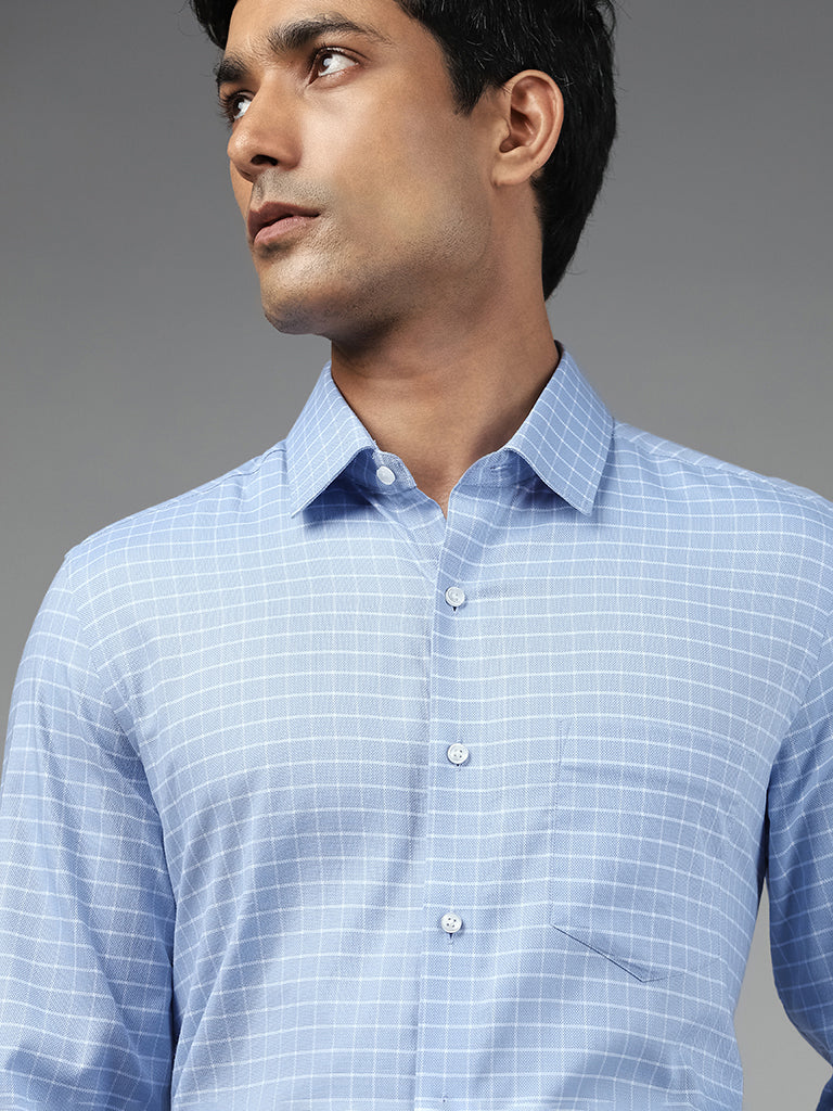 WES Formals Checked Blue Cotton Slim-Fit Shirt