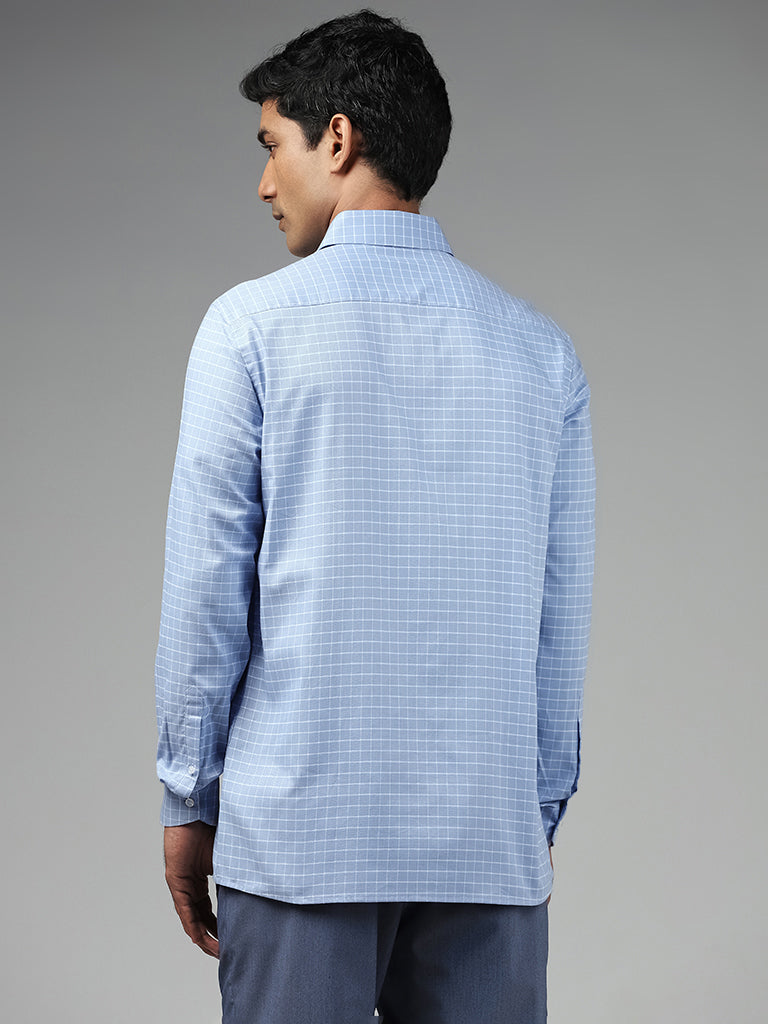 WES Formals Checked Blue Cotton Slim-Fit Shirt