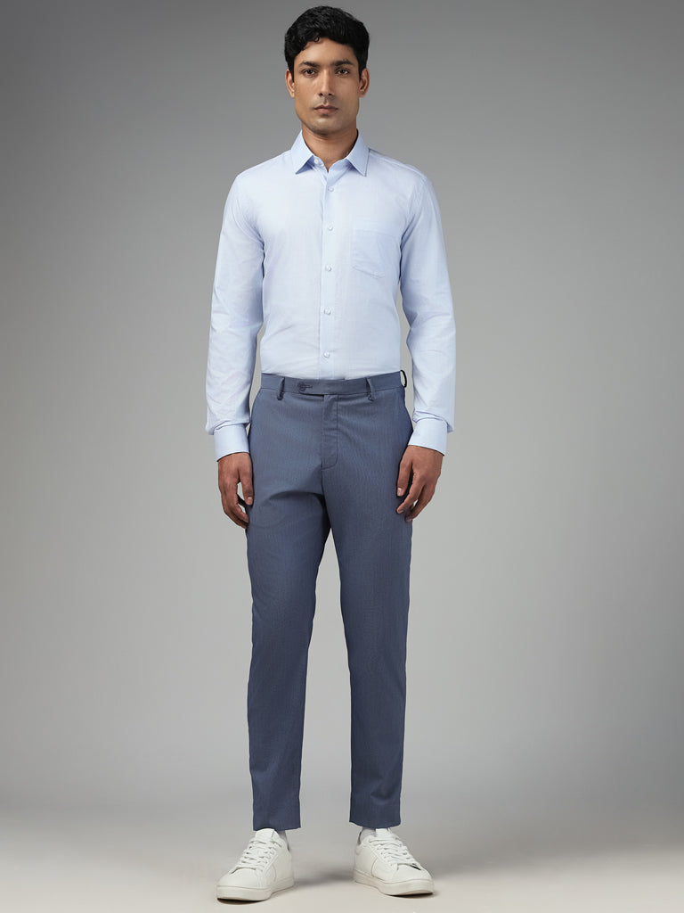 WES Formals Checked Light Blue Cotton Slim-Fit Shirt