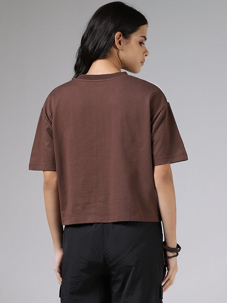 Studiofit Block Printed Brown and Off White Cotton T-Shirt