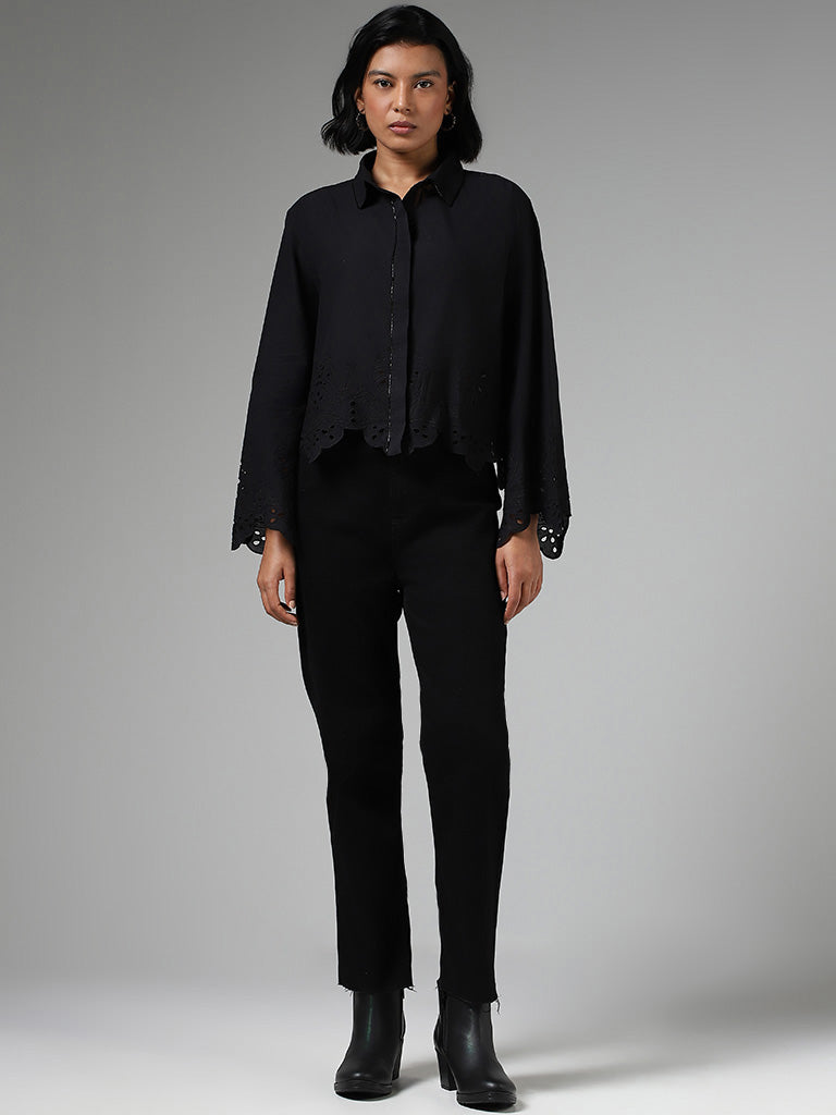 LOV Cut-Work Embroidered Black Shirt