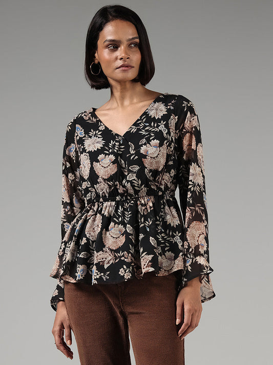 LOV Black Floral Printed Gathered Top