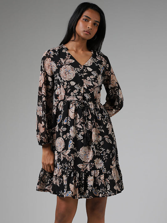 LOV Black Floral Printed Tiered Dress