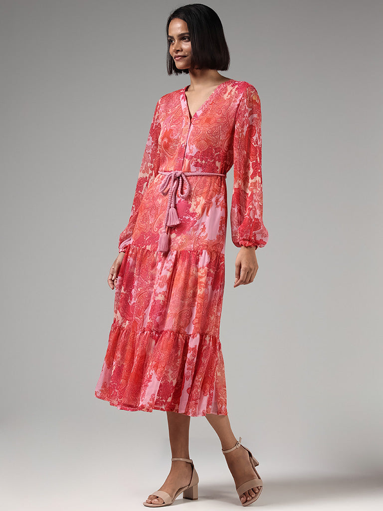 LOV Pink Paisley Printed Tiered Dress With Belt