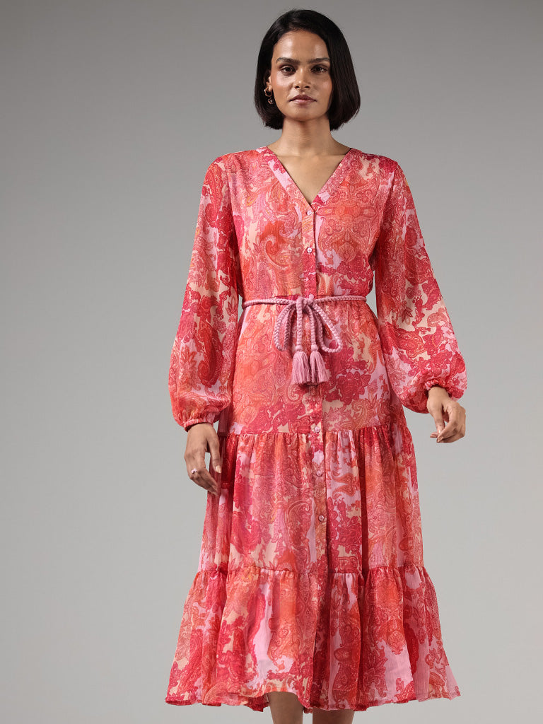 LOV Pink Paisley Printed Tiered Dress With Belt