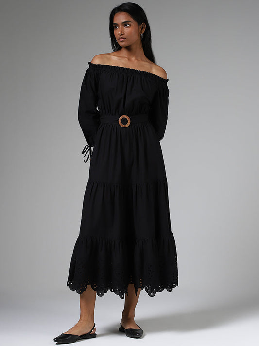 LOV Black Off Shoulder Tiered Dress with Belt