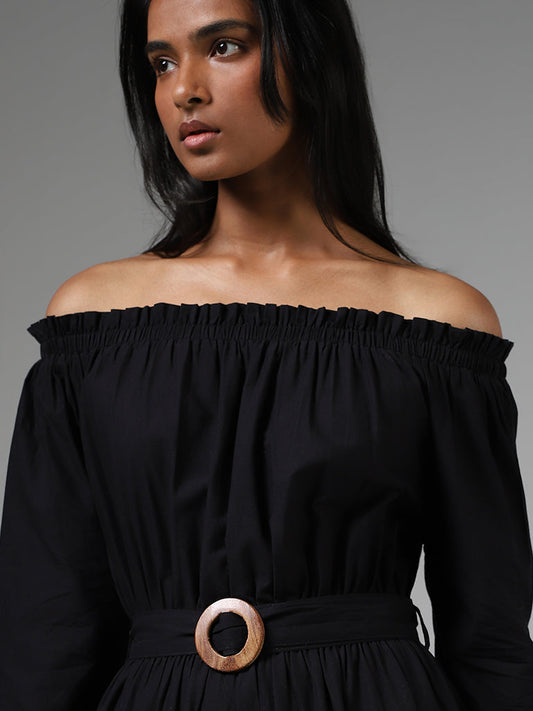 LOV Black Off Shoulder Tiered Dress with Belt