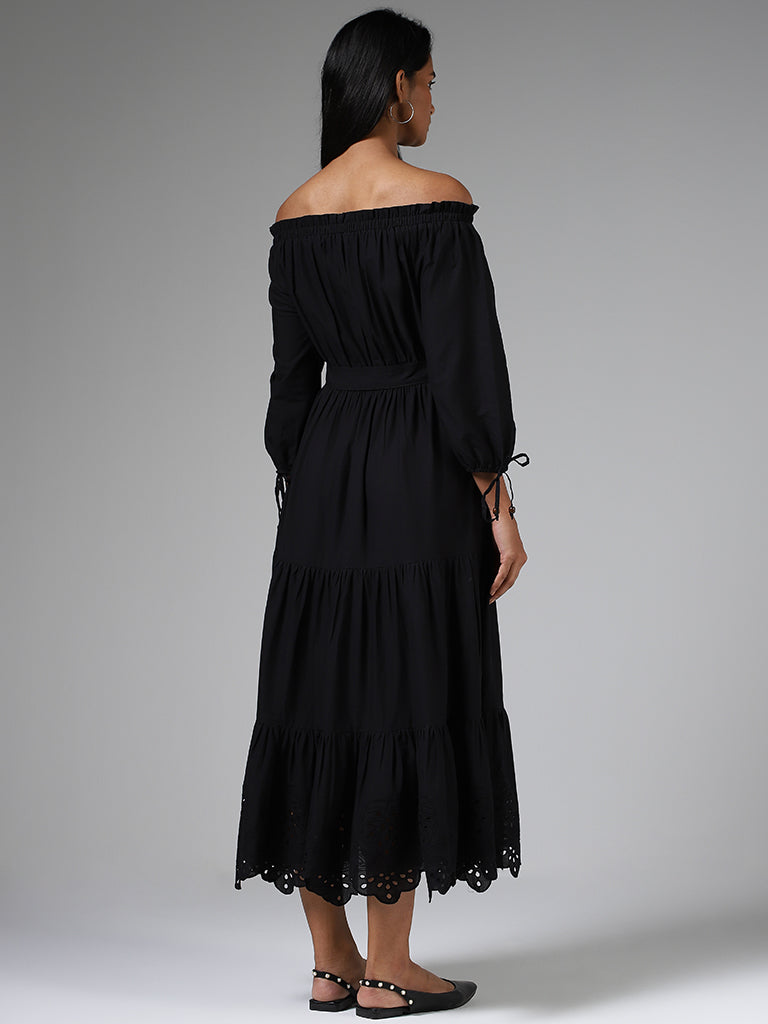 LOV Black Off Shoulder Tiered Dress with Belt