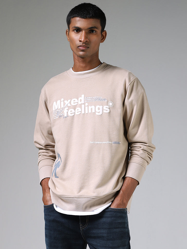 Nuon Typography Printed Beige Relaxed-Fit Sweater