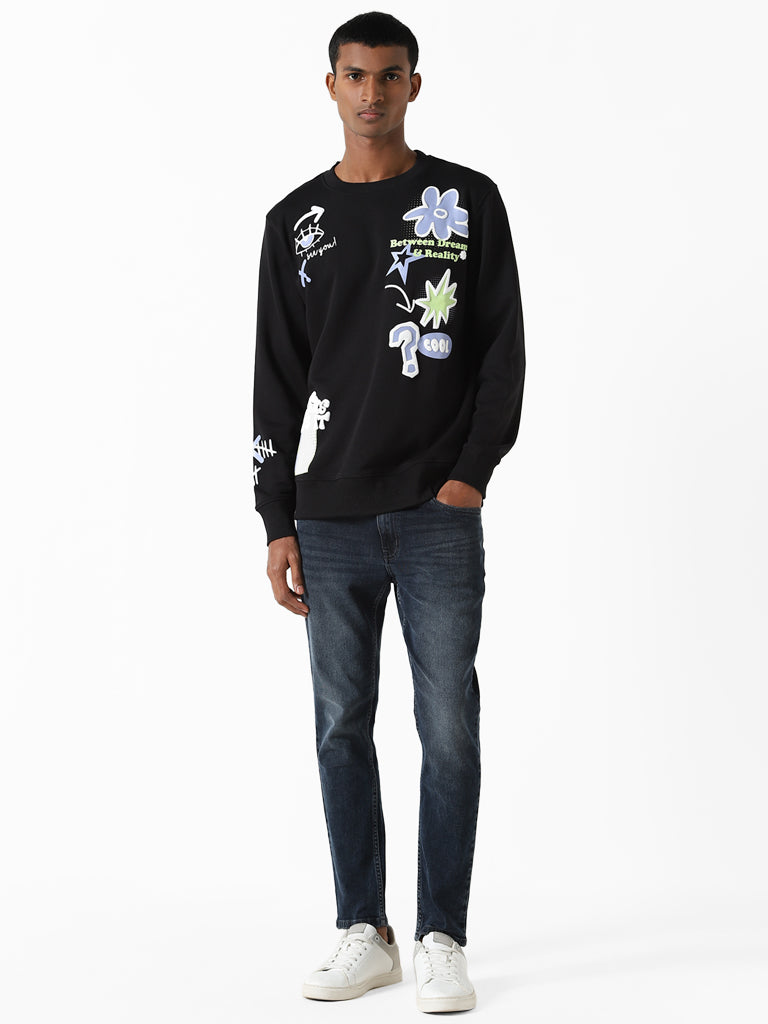 Nuon Black Printed Relaxed-Fit Night Sweater