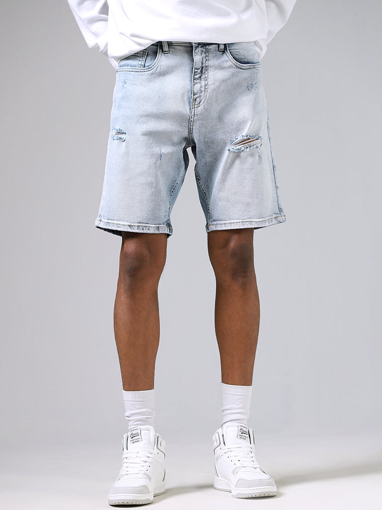 Nuon Solid Ice Blue Denim Slim-Fit Mid-Rise Shorts