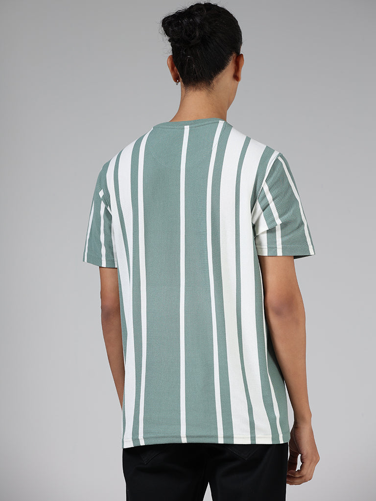 Nuon Sage Green & White Striped Cotton Blend Slim-Fit T-Shirt