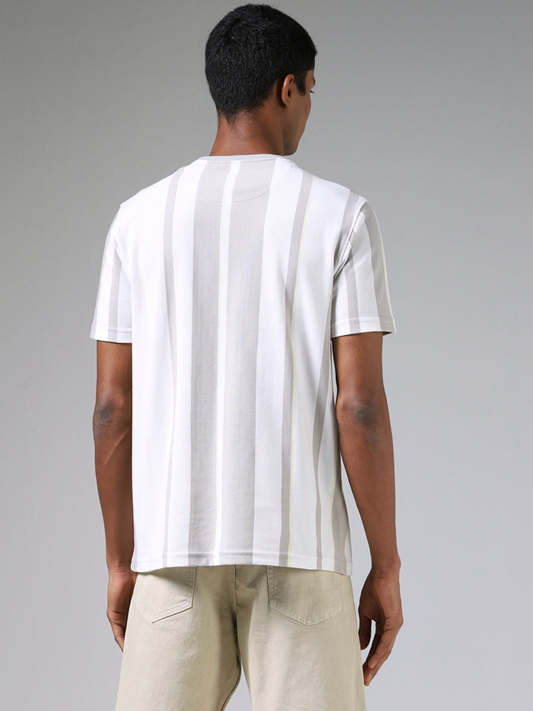 Nuon Grey Block Striped White Cotton Blend T-Shirt